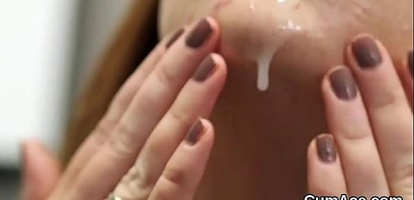  Flirty hottie gets sperm shot on her face gulping all the juice